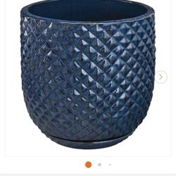 Preston Large Blue Ceramic Planter with Attached Saucer and Drainage Holes (18 in. L x 18 in. W x 18 in. H)