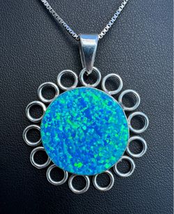 .925 solid sterling silver large fire blue opal flat Pendant charm