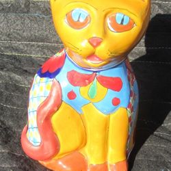 10" Vintage Talavera Mexican Floral Cat Figurine Hand Painted