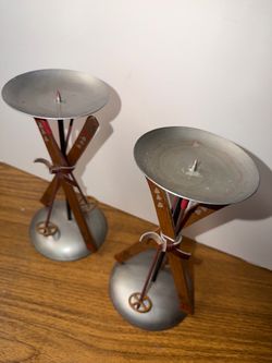 Ski-Themed Metal Candleholder Set of 2