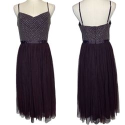 Needle & Thread Coppelia Ballet Midi Dress Beaded Spaghetti Strap Tulle Skirt Eggplant Purple size 8