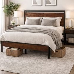 King  Bed Frame Headboard and Footboard,Iron Bed,Steel Slat Support,No Box Spring Needed, Easy Assembly, Brown 