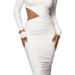 White Women Long Sleeve Mock Neck One Piece Cutout Ruched Bodycon Midi Party Dress Size large 