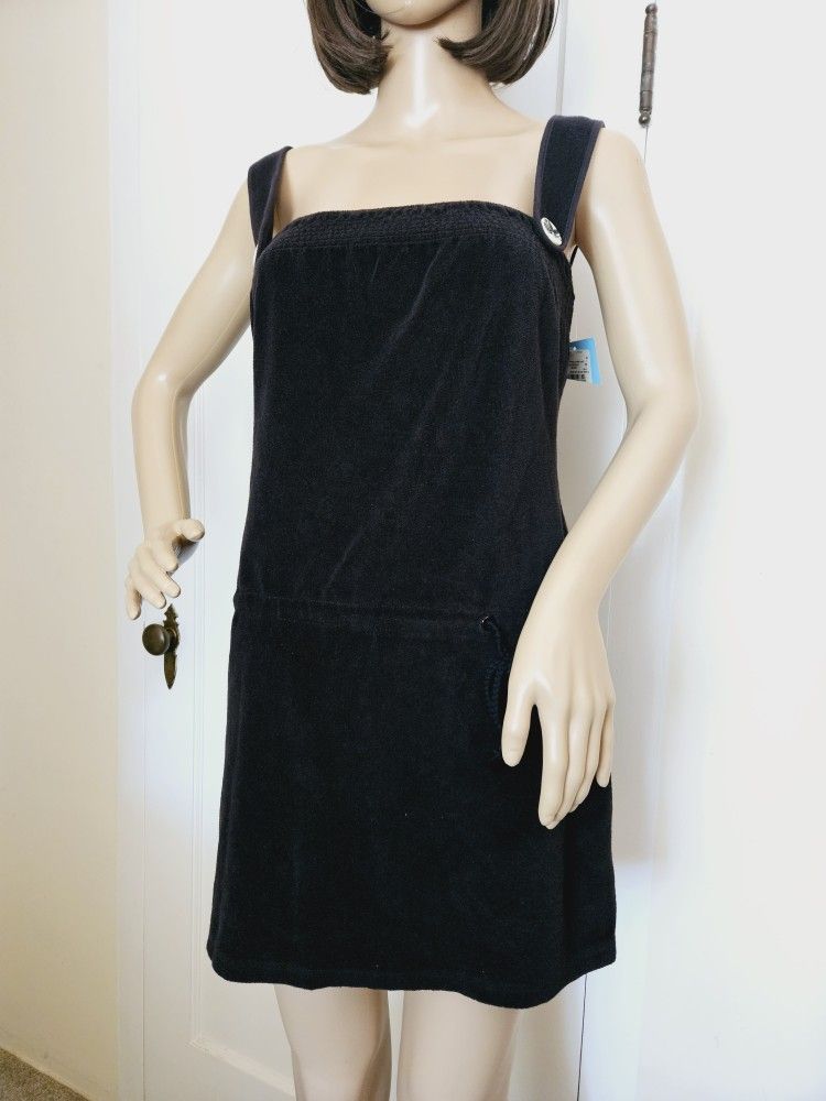 NWT Y2K Vintage ROXY Black Terry Cloth Beach Coverup Dress Buttons M Juniors