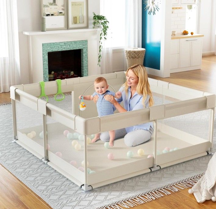 Fodoss Baby Playpen, Upgrade Playpen for Babies and Toddlers, 47x47x26inch Beige Play Pen for Babies with Hand Pulling Ring, Play Pen Center for Kids,