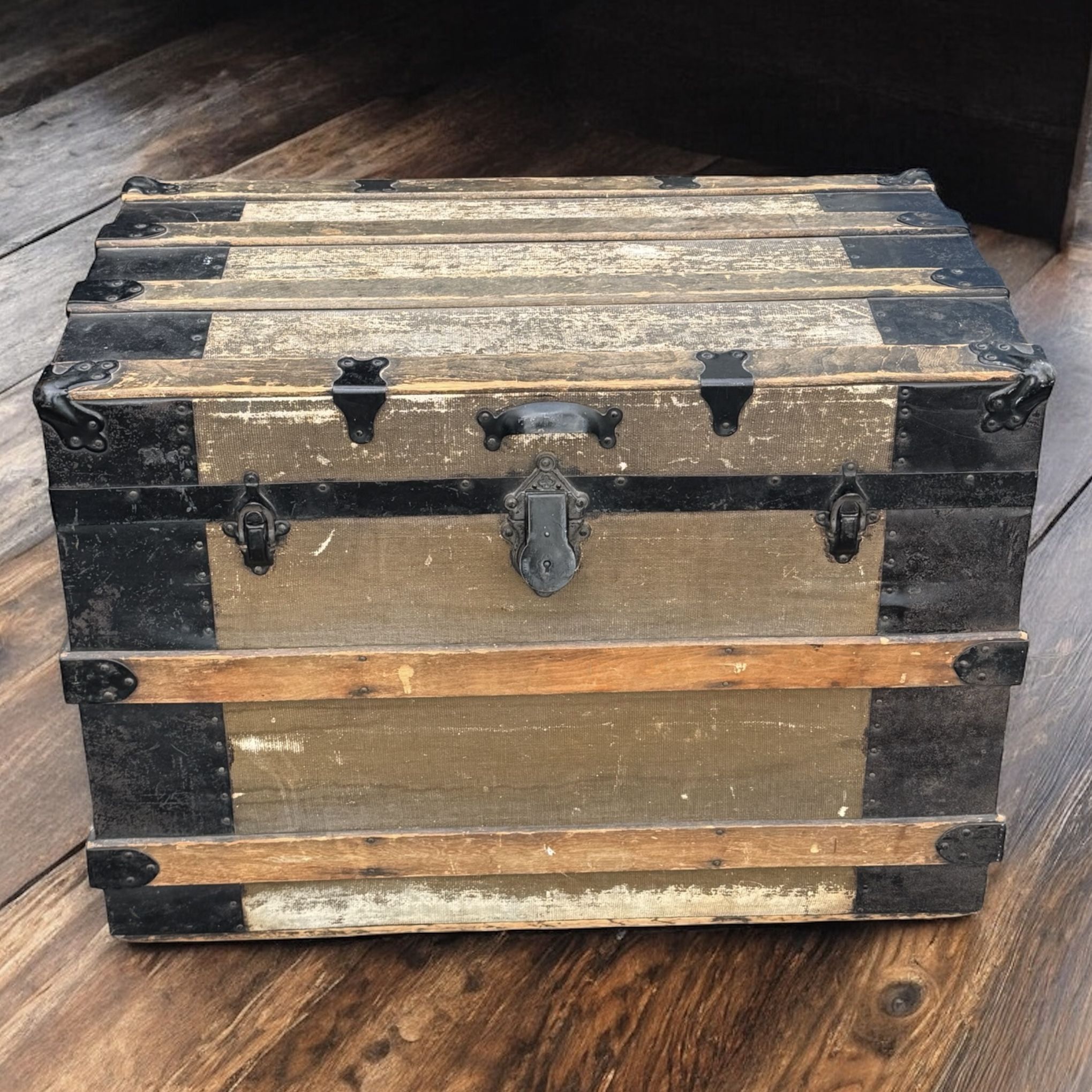Antique Wood Steamer Trunk Flat Top Strap Trunk With Latches
