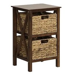 GOFLAME Nightstand with 2 Wicker Storage Baskets, Sofa Side Table with Rubber Wood X-Shaped Frames & Acacia Wood Legs, Bedside Table, End Table for Be