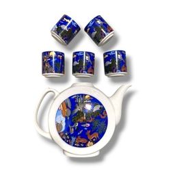 Vintage Jeong Ceramic Sake Gift Set 6 Pc Tea Set Phycedelic Animal Asian Decor
