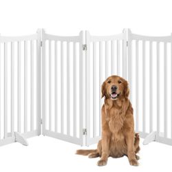 36" H Extra Tall Freestanding Pet Gate 4-Panel Wooden Dog Fence with 2 Support Feet Folding Dog Gate for Indoor, Stairs, Doorways, Halls, Kitchen Wood
