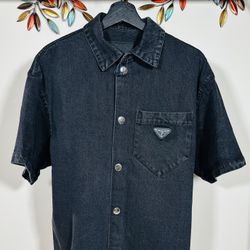 PRADA BLACK DENIM TRIANGLE SHIRT FW23