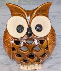 Large Retro Rite Aid Brown Gold Glazed Ceramic Owl Candle Holder 7.5 X 3.75 X3.5