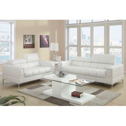 Sofa Loveseat Set White Faux Leather Chrome Legs Adjustable Headrest Brand New In Box Firm Price $799