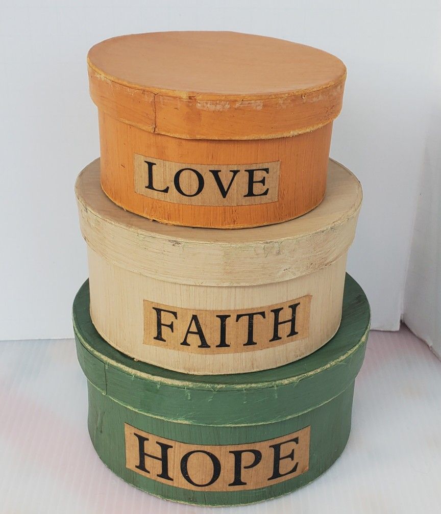 3 Wooden Boxes Farm house Home Decor Nesting Stacking Faith Hope Love Primitive 
