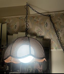 Vintage 1970s Wicker Swag Lamp With White Globe 