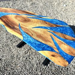 Monkeypod, coffee table, ocean blue epoxy, teardrop 