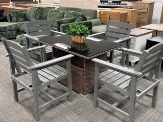 5-Piece Outdoor Patio Dining Set, Modern patio dining set includes 4 HDPE chairs and brown 1 glass top table. The table features built in storage unde