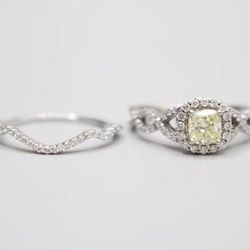 14K White Gold Radiant Cut Fancy Yellow Engagement Ring size 7 1/4 & 8