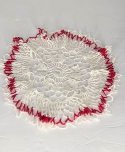 Handmade Vintage White Crochet Doily with Red Trim 10 Inch