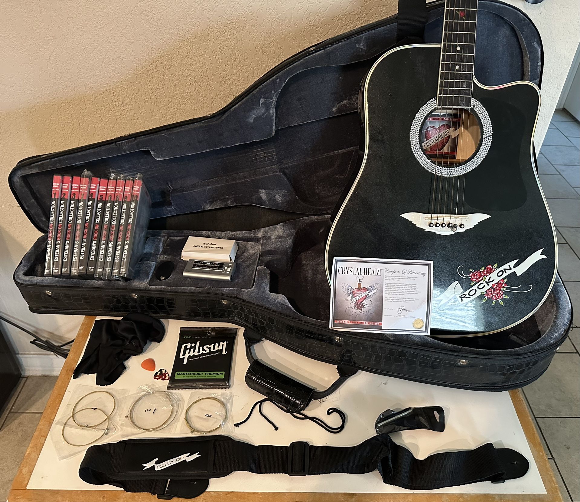 Esteban's Crystal Heart Limited Edition Rock-On Acoustic Electric Guitar w/ case, complete DVD lessons Set & extras