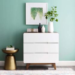 Modway Origin Three-Drawer Chest or Stand Mid-Century Modern 3-Drawer Dresser - Walnut and White
