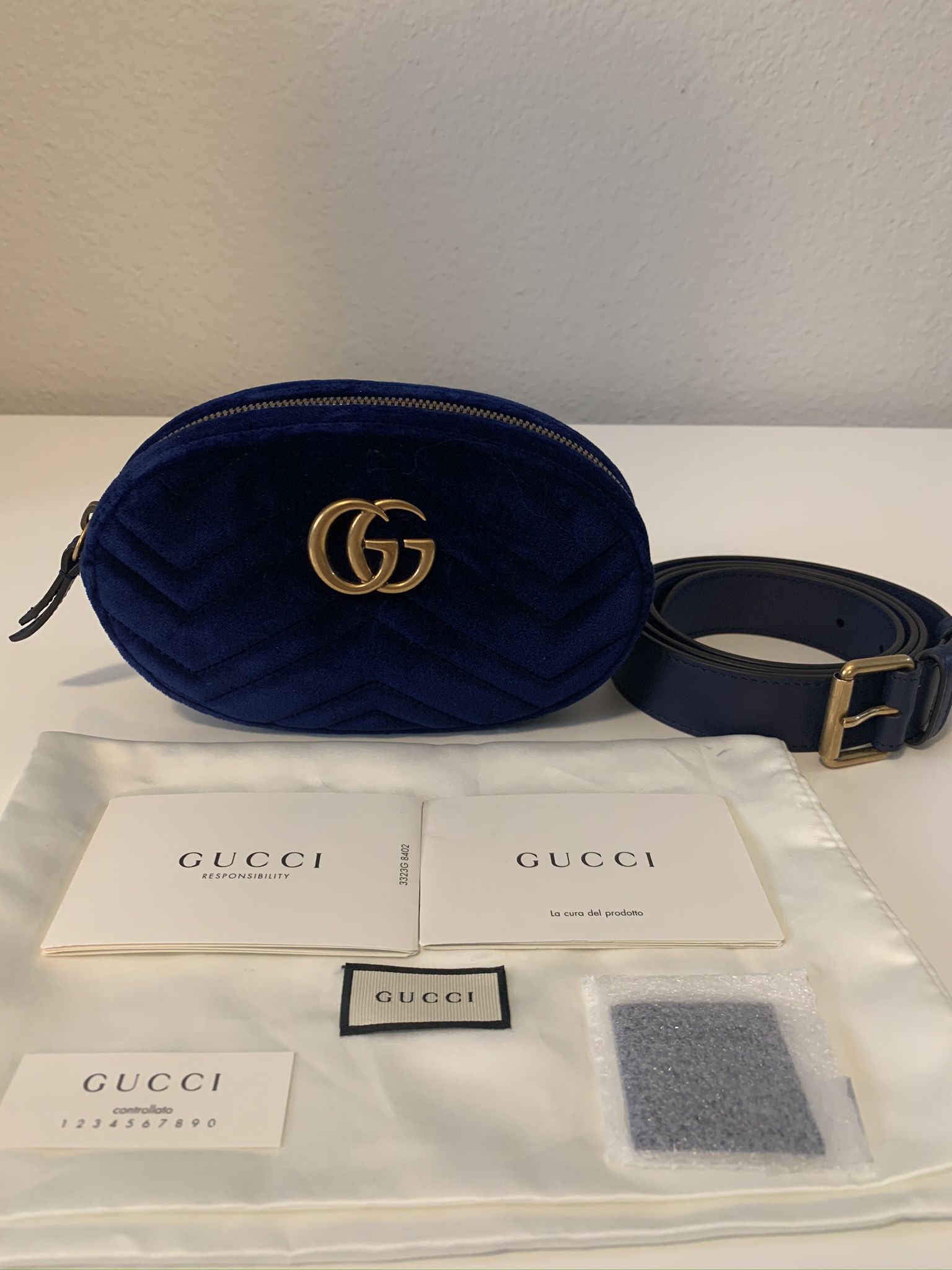 NWT Gucci GG Marmont Matelasse Blue Velvet Chevron Waist Belt Bag $1090