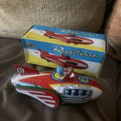Vintage Tin Toy Rocket Racer Friction Siren Litho Rocket Car Made In China W Box 