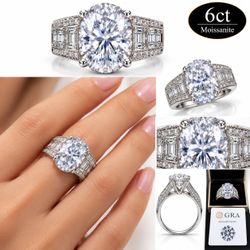 6CT Moissanite Round Ring with Baguette Accents – Size 7 – GRA Report Included