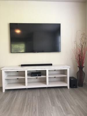 TV Stand with Media Storage shelf for TVs up to 78" - White Wash Description: NEW IN BOX !! Adjustable Shelves, Cable Management Brand Manor Park M