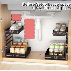 EVERIE Height Adjustable 2 Tier Metal Pull Out Slide Shelf Organizer for Under Sink Cabinets in Kitchen, Bathroom, with Snap-on Top Tray, 16" Deep (Bl