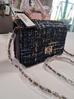 NWT Bebe black white navy blue and silver teed crossbody