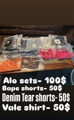 Alo Sets 100$/Bape Shorts 50$/denim Tear Shorts50$/ Vale Shirt50$