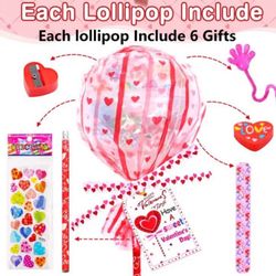 Brand New In Box 24 Sets Giant Lollipop Valentines Multi-Item Party Favor Packs | Shaped Set with Valentines Cards
