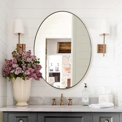 Gold Oval Mirrors for Bathroom, 24x36 Inch Brushed Gold Stainless Steel Metal Framed Oval Wall Mirror, Modern Vanity Mirror Wall Mount Horizontal or V