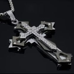 Uniquely Crafted Multi-Layer 2-Tone Black Silver Cubic Zirconia Cross Pendant Necklace 