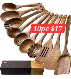 Wooden Spoons for Cooking, Nonstick Cooking Utensil Set with 10 Piece Acacia Wooden Spatulas and Spoons for Cooking, Terrific for Everyday Kitchen Tas