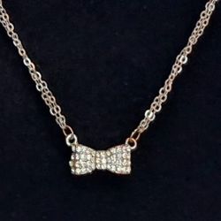 Rhinestone Bow Silver 21 Inch Necklace Adjustable Double Chain