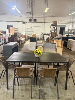 🔥Set of 7🔥Outdoor Dining Set, Dining Table Set with Metal Frame and Black Plastic Tabletop, 6 Conversation Chairs with Backrests, Patio Furniture Se