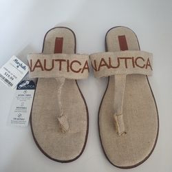Nautica Tan and Brown Canvas Flip Flop Sandals Size 9