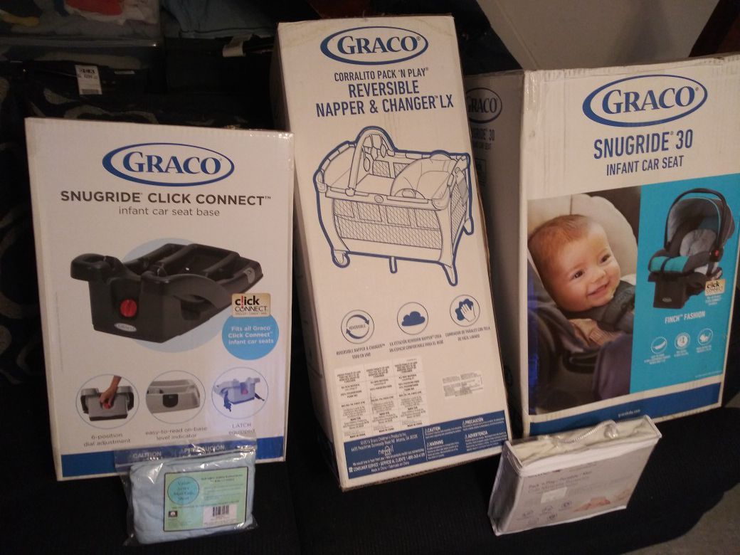 Infant car seat, Car seat base, and pack n play
