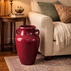 Vintage Robinson Ransbottom Pottery Floor Vase - Burgundy Scroll Handle