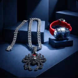 Men's Silver Watch withGeometric Dial, Cuban Link Chain & Bracelet &CZ Earring