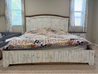 California king Rustic Distressed White Bedroom Set with mattress