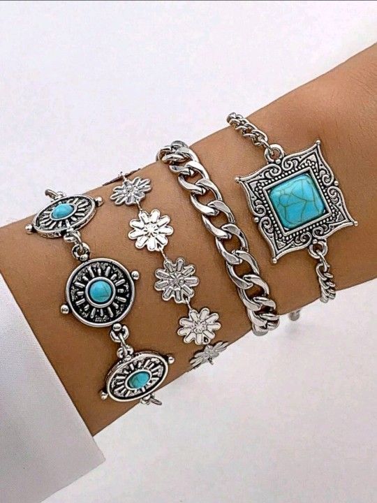 4 PCS Beach Style Green Turquoise Square Petal Silver Bracelets Set For Women