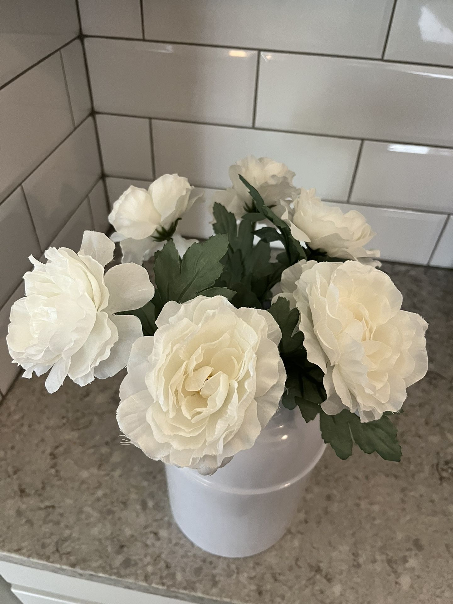 White Metal Vase With Faux Flowers $10