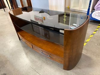 BELL’O Cherry Finish 3 Tier Media Stand with Curved Wooden Sides and Black Tempered Glass