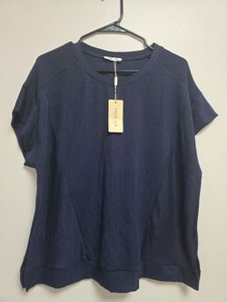 Frouaer Navy Ribbed Knit Short Sleeve Top