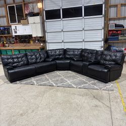 Large Black Leather Sectional w/ 4 Recliners – Real Leather Seating