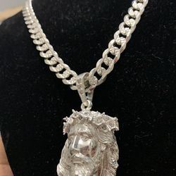Silver Diamond Cut Cuban Link with Jesus Pendant  .925