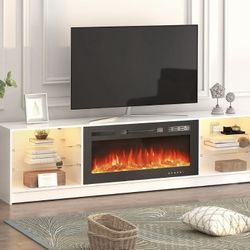 Erommy Adjustable Glass Shelves Entertainment Center with 40" Electric Fireplace in 79" Fireplace TV Stand