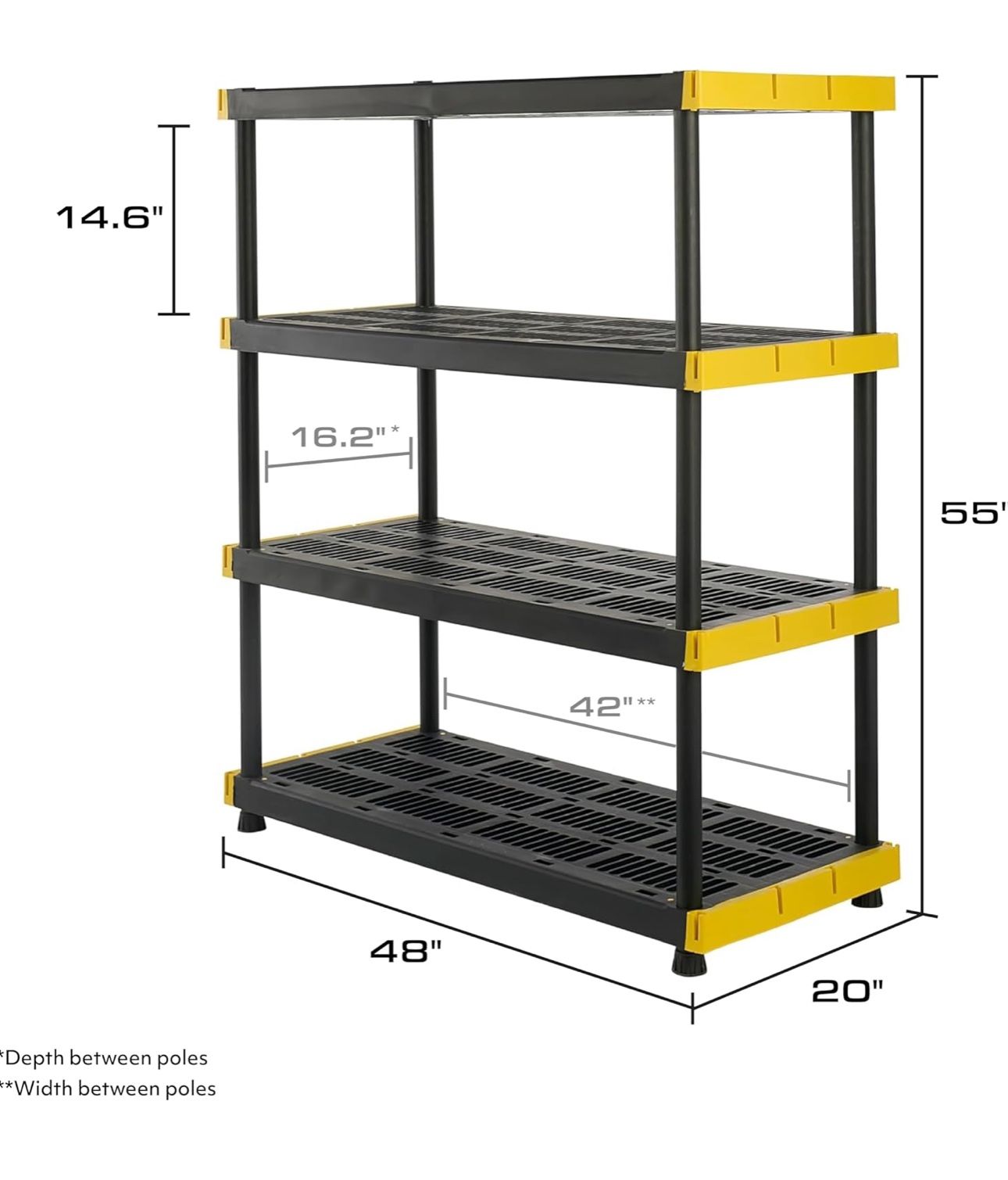 CX Black & Yellow®, 4-Tier Heavy Duty Plastic Storage Shelving Unit, 200lbs/shelf (55”H x 48”W x 20”D), for Indoor/Outdoor